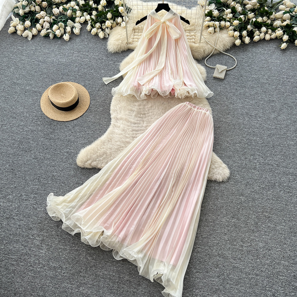 Vacation Style Halter Neck Ruffled Tank Top and High Waist Skirt Set Playful Sweet Fashionable Summer Outfit for
