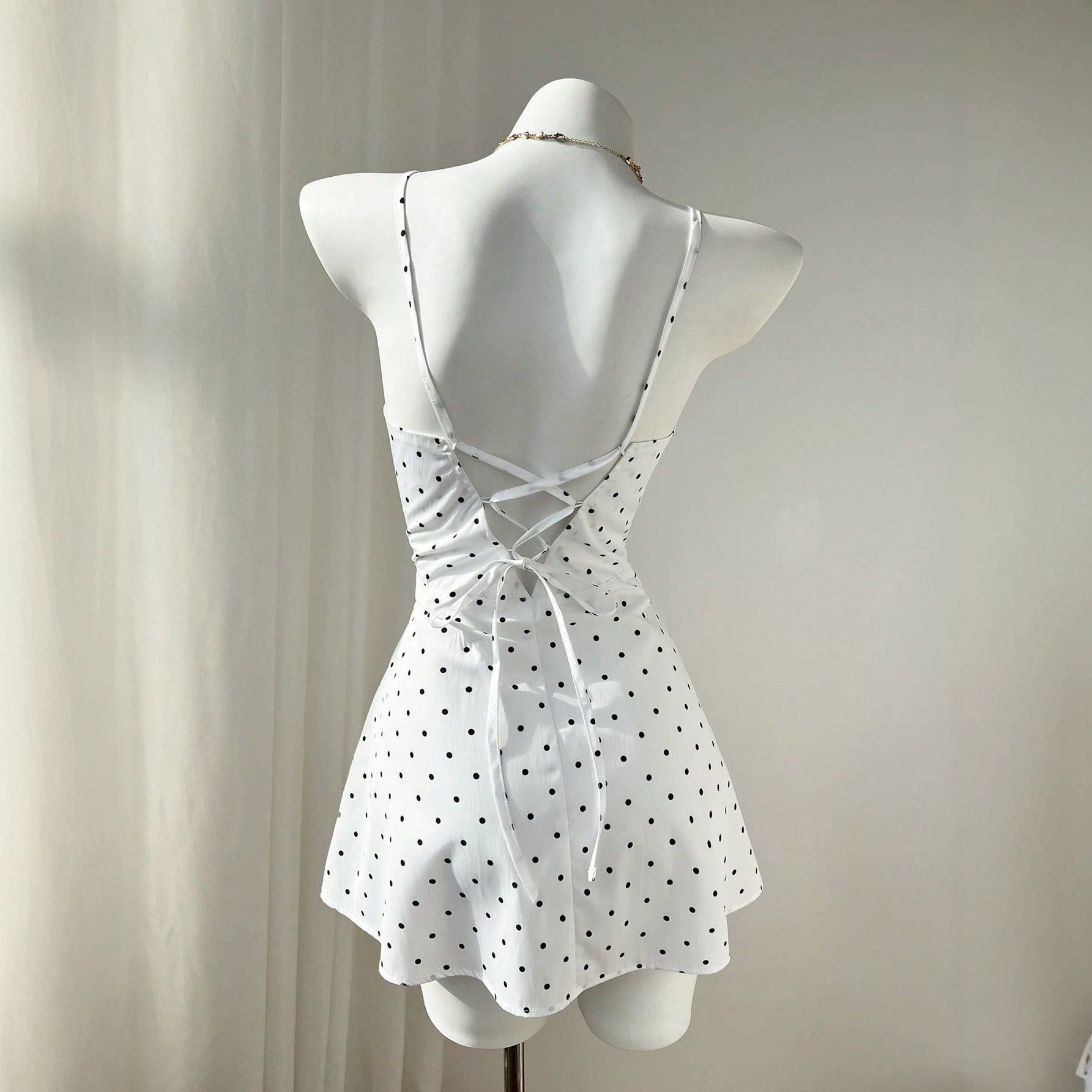 Sweet Polka Dot A Line Dress Adjustable Straps Waist Cinching Summer Style Ready to Ship Low MOQ
