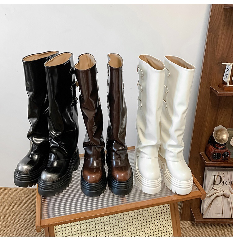 Boot nữ cổ cao ôm bắp chân da bò đế dày tôn dáng — Lớp lót đơn màu nâu 12cm, Lớp lót đơn màu nâu 15cm, Lớp lót đơn màu trắng nhạt 12cm, Lớp lót đơn màu trắng nhạt 15cm