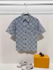 Cross-Border V Brand Checkerboard Pattern Jacquard Two-Piece Denim Short-Sleeve Shirt and Shorts Set
