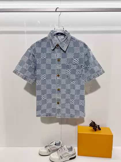 Cross-Border V Brand Checkerboard Pattern Jacquard Two-Piece Denim Short-Sleeve Shirt and Shorts Set