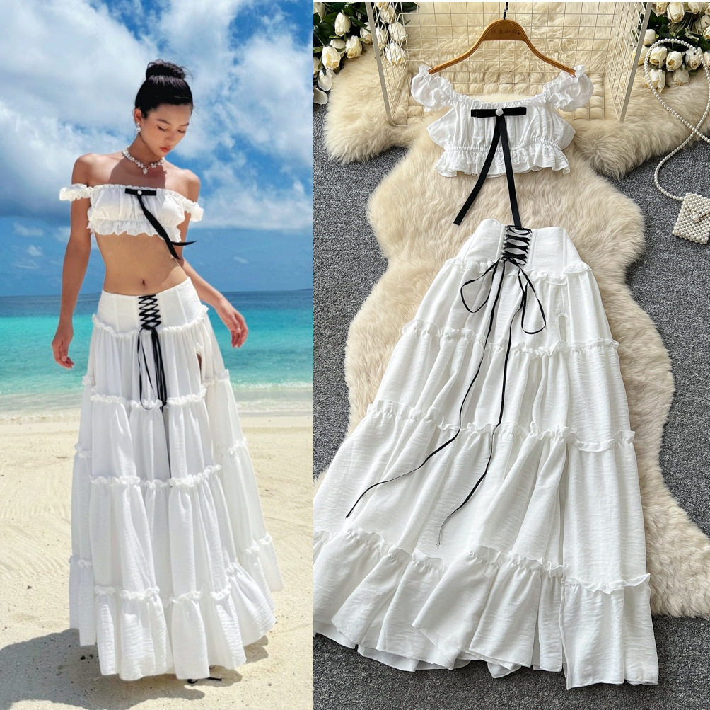 Off Shoulder Puff Sleeve Top with Tie Sweet French Style High Waisted Cake Skirt Set Summer Womens Fashion Wholesale
