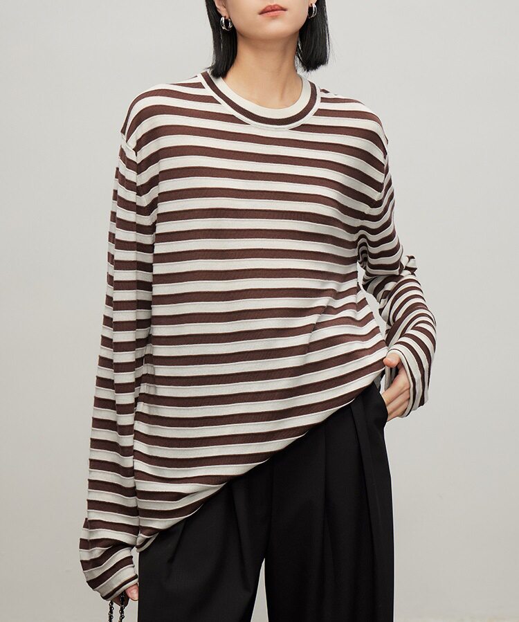 進口chao细美丽诺羊毛 爆款条纹针织衫长袖打底衫上衣