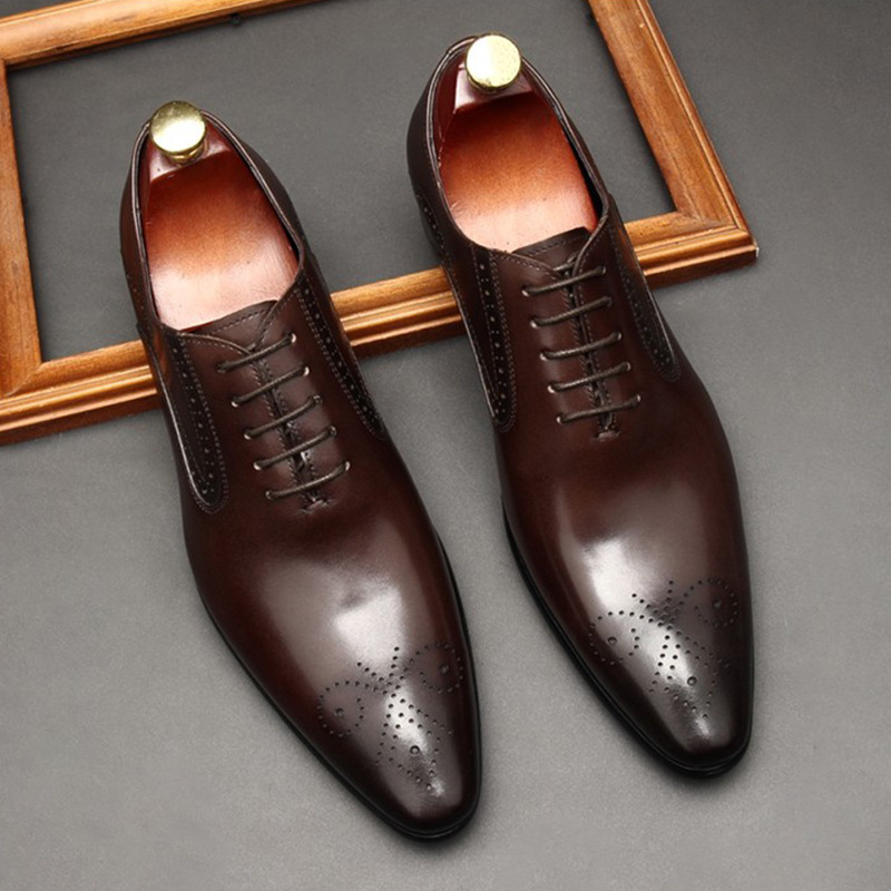 Giày Oxford nam da bò mũi nhọn chạm lỗ brogue phong cách công sở — Đỏ rượu, Nâu vàng, Màu cà phê, cà phê đỏ