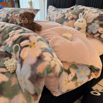 Category a Autumn and Winter Floral Imitation Rabbit Plush Milk Velvet Four-Piece Set Thickeneded Coral Velvet Double-Sided Velvet Warm Quilt Cover
