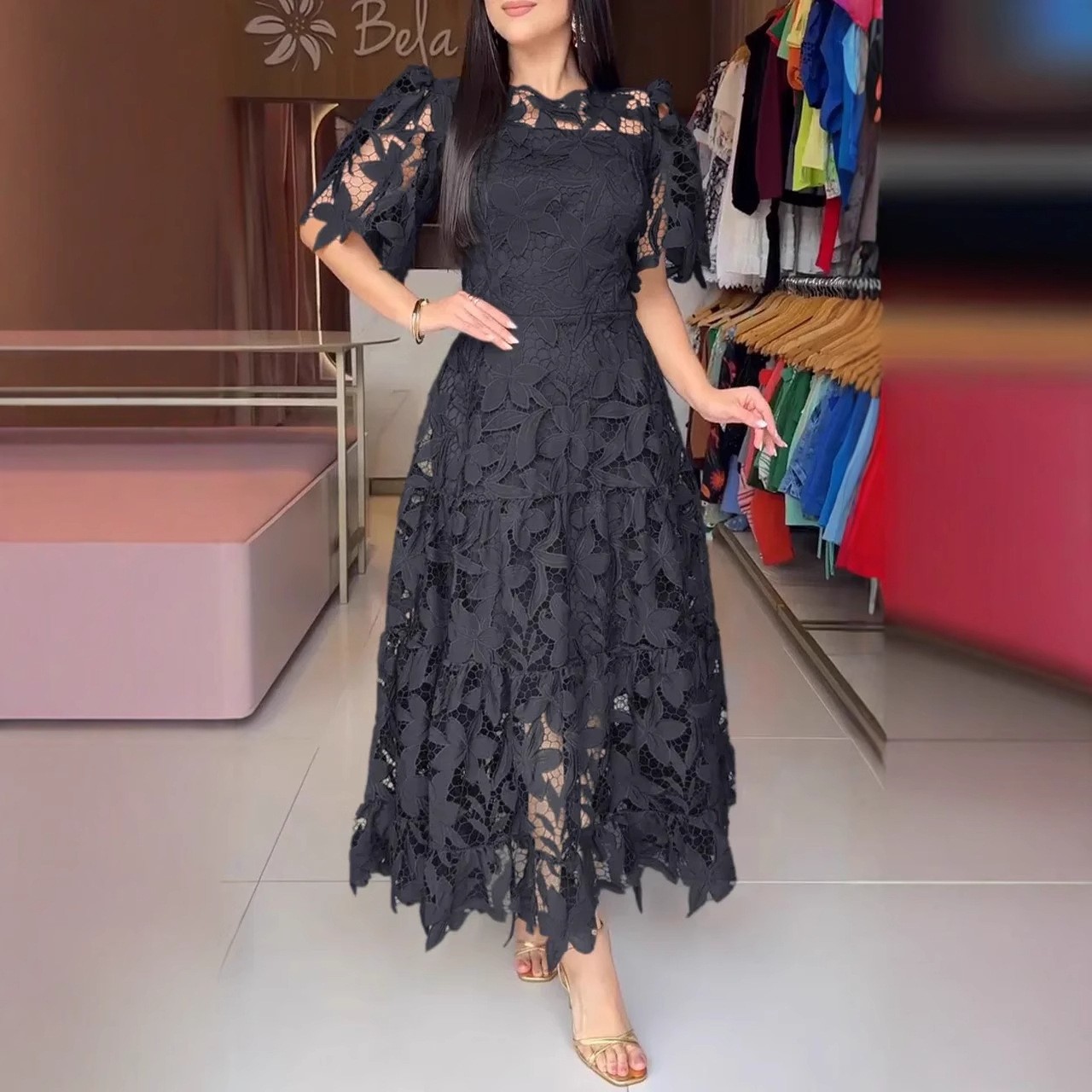 Summer Womens Lace Dress Elegant Hollow Design Round Neck Short Sleeve Perfect for Parties and Events Wholesale