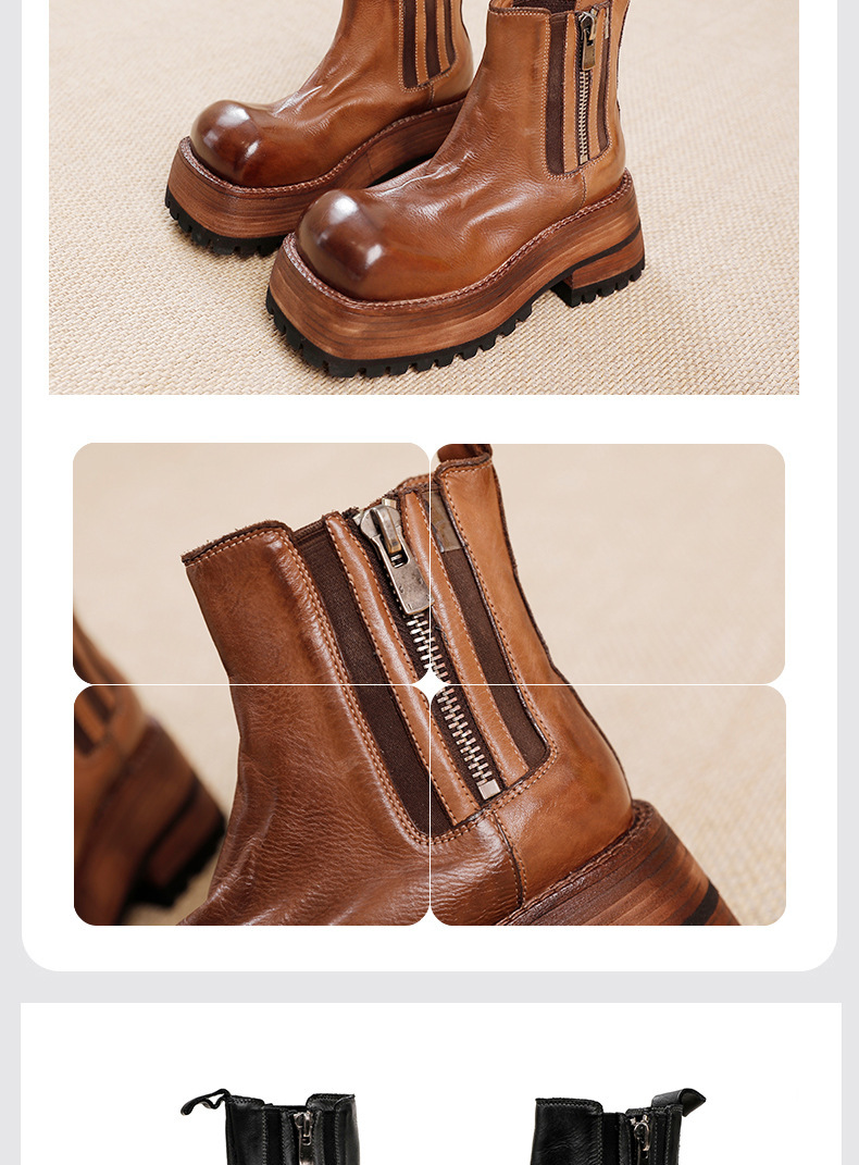 Boot Martin nữ da bò thật đế dày cổ trung, khóa kéo bên — Màu cà phê, Màu đen
