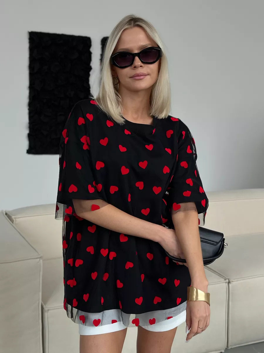 Loose Fit Heart Mesh Patchwork T Shirt Sexy Design Short Sleeve Round Neck Casual Wear for Women Wholesale Available