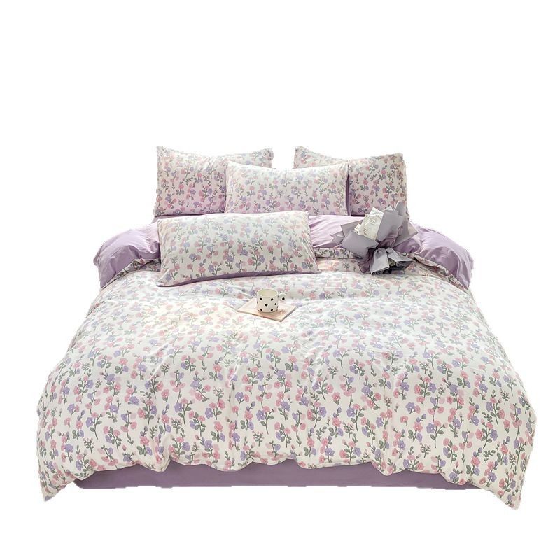 Category a Small Fresh 100% Washed Cotton Four-Piece Set Pure Cotton Brushed Quilt Cover Single Fitted Sheet Student Dormitory Three-Piece Set