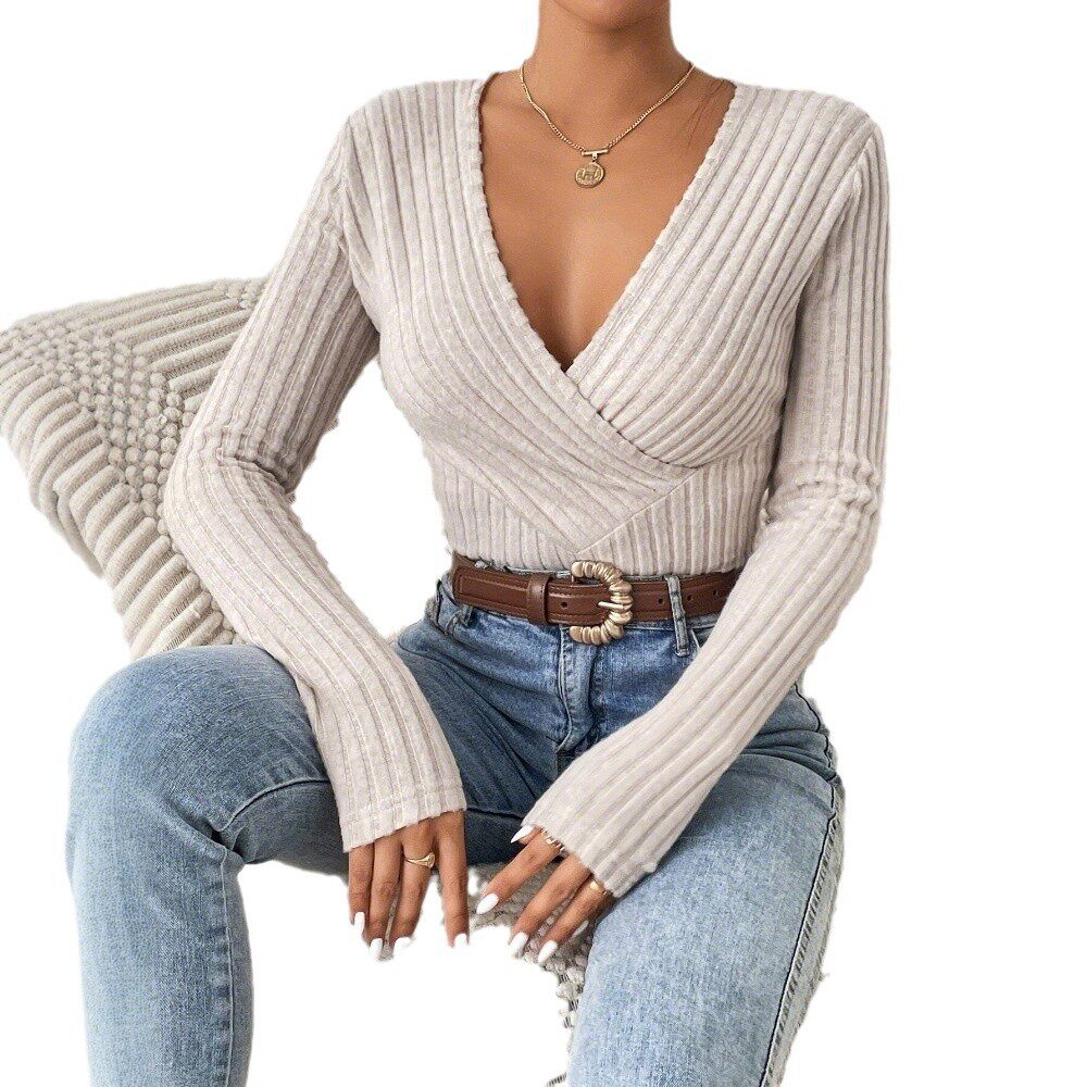 Womens Slim Fit V Neck Long Sleeve T Shirt Ribbed Fabric Soft Touch Elegant Style Spring Summer Collection