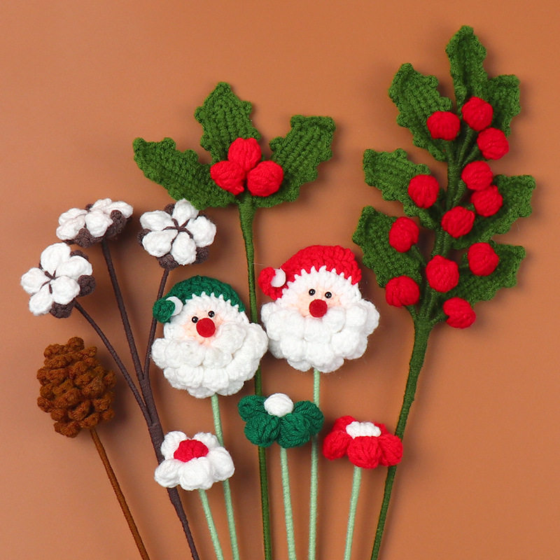 Finished Cross-Border Handmade Woolen Knitted Santa Claus Flower Branches Cotton Hazelnut Christmas Bouquet Decorative Accessories Wholesale