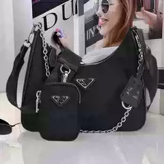 P Family Three-In-One Women's Fashion Triangle Logo Waterproof Nylon Cloth Bag Hobo Chain Bag Shoulder Crescent Crossbody Bag