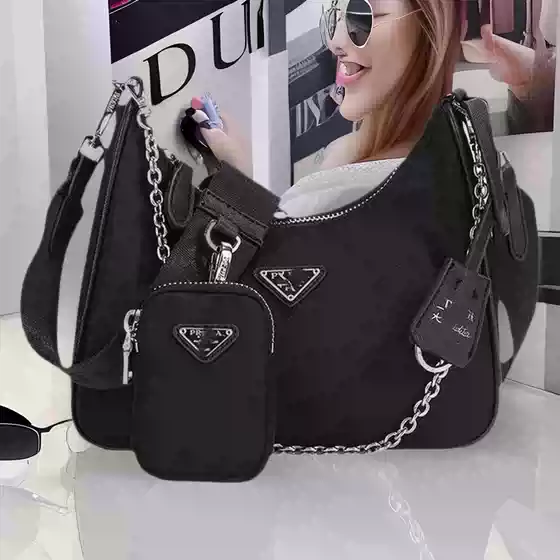 P Family Three-In-One Women's Fashion Triangle Logo Waterproof Nylon Cloth Bag Hobo Chain Bag Shoulder Crescent Crossbody Bag