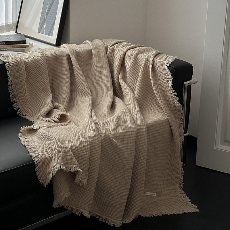 Maillard Color Four-Layer Yarn Pure Cotton Blanket Tassel Blanket Sofa Cover Blanket Office Blanket Nap Blanket