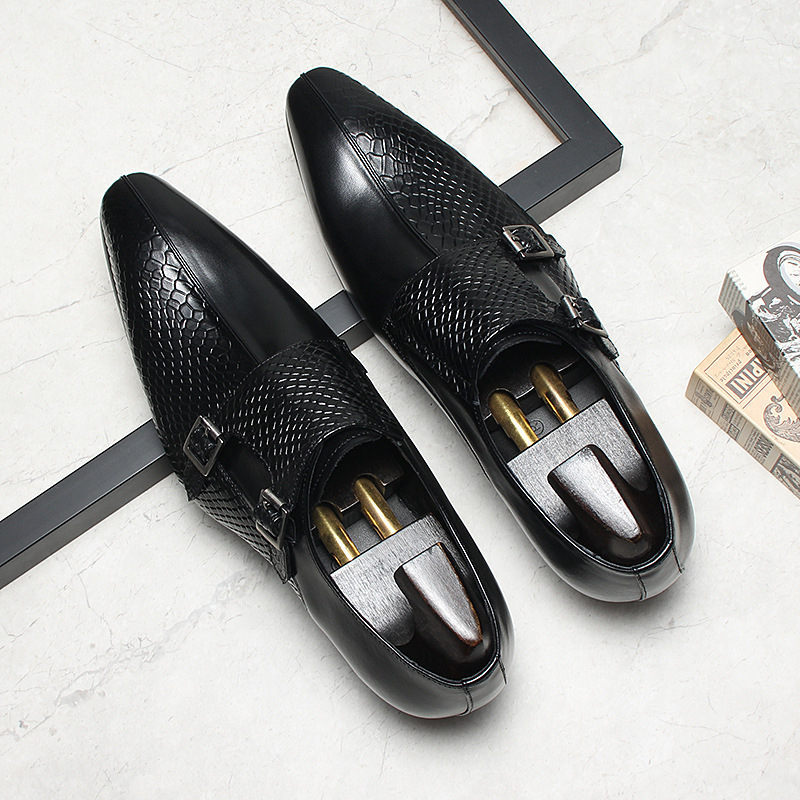 Giày da nam monk strap khóa đôi mũi nhọn da bò thật — màu đen, Màu đỏ rượu
