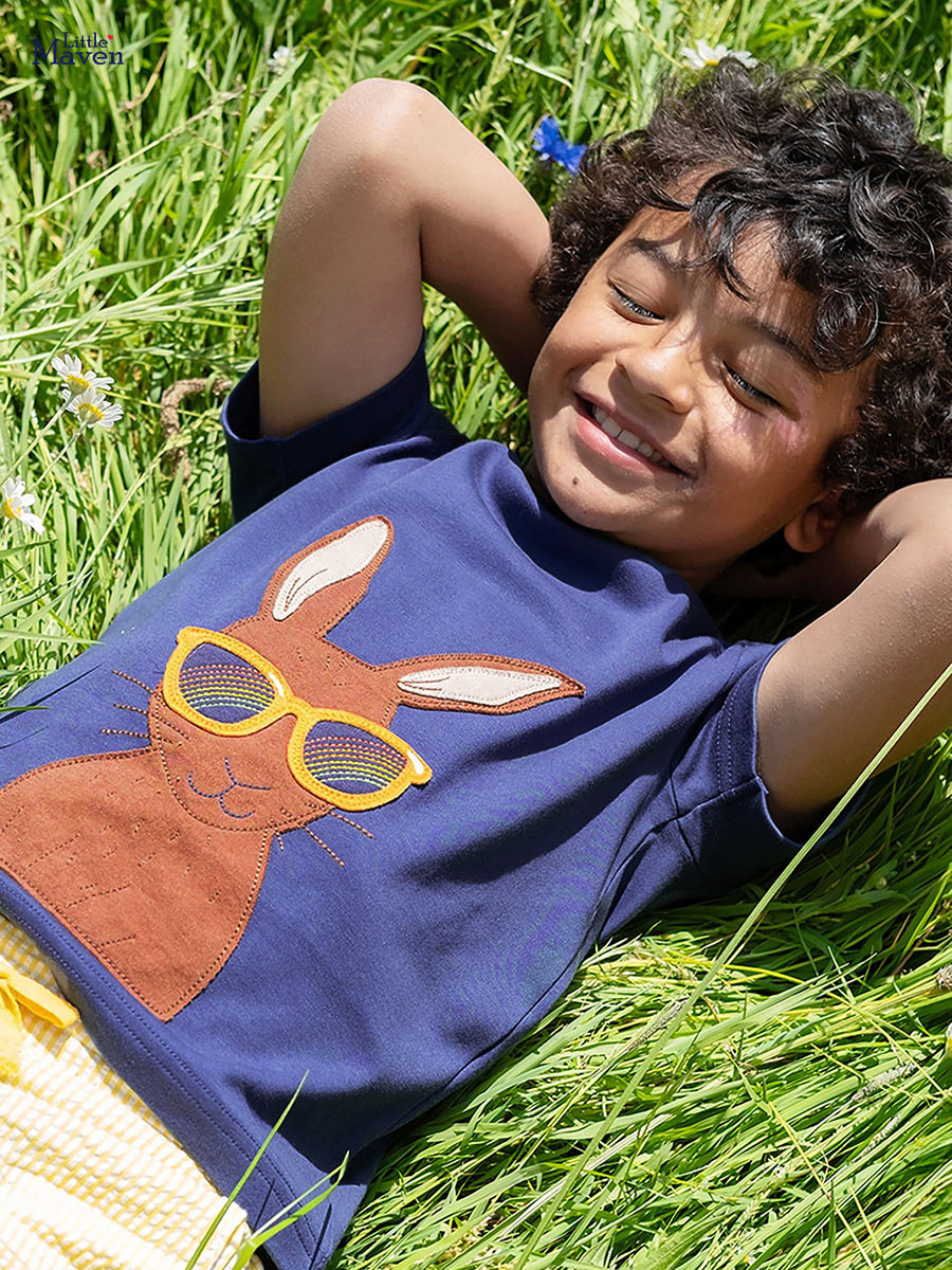 Kids' Summer Rabbit Print T-Shirt, Boys' Cotton Applique Top