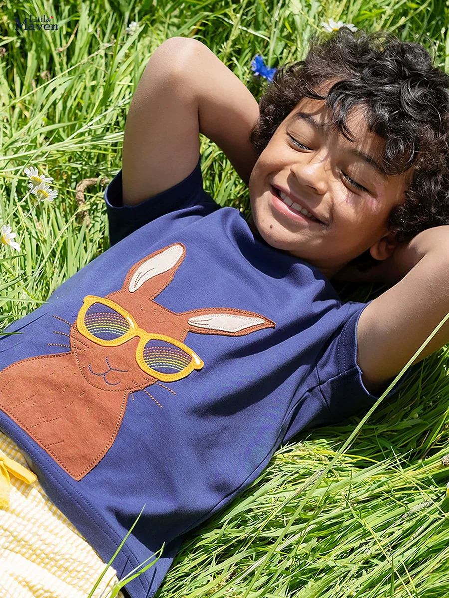 Kids' Summer Rabbit Print T-Shirt, Boys' Cotton Applique Top
