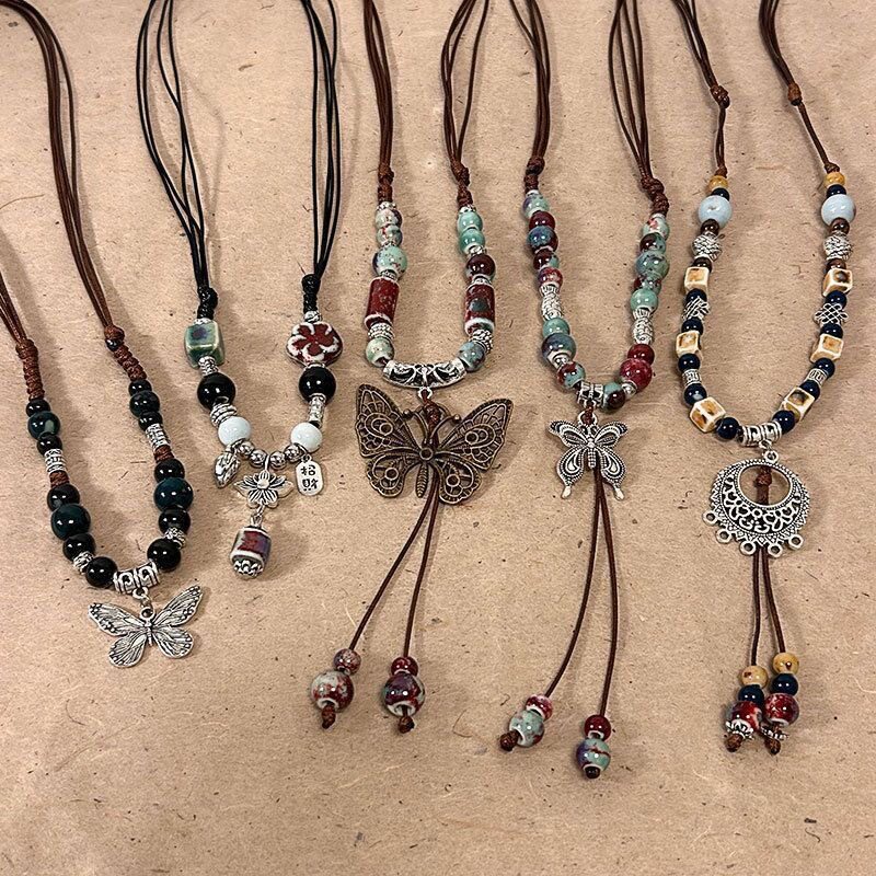 Colorful Ethnic Style Ceramic Butterfly Bell Pendant Woven Necklace Women's Accessories Retro Chinese Style Long Sweater Chain