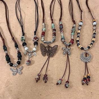 Colorful Ethnic Style Ceramic Butterfly Bell Pendant Woven Necklace Women's Accessories Retro Chinese Style Long Sweater Chain