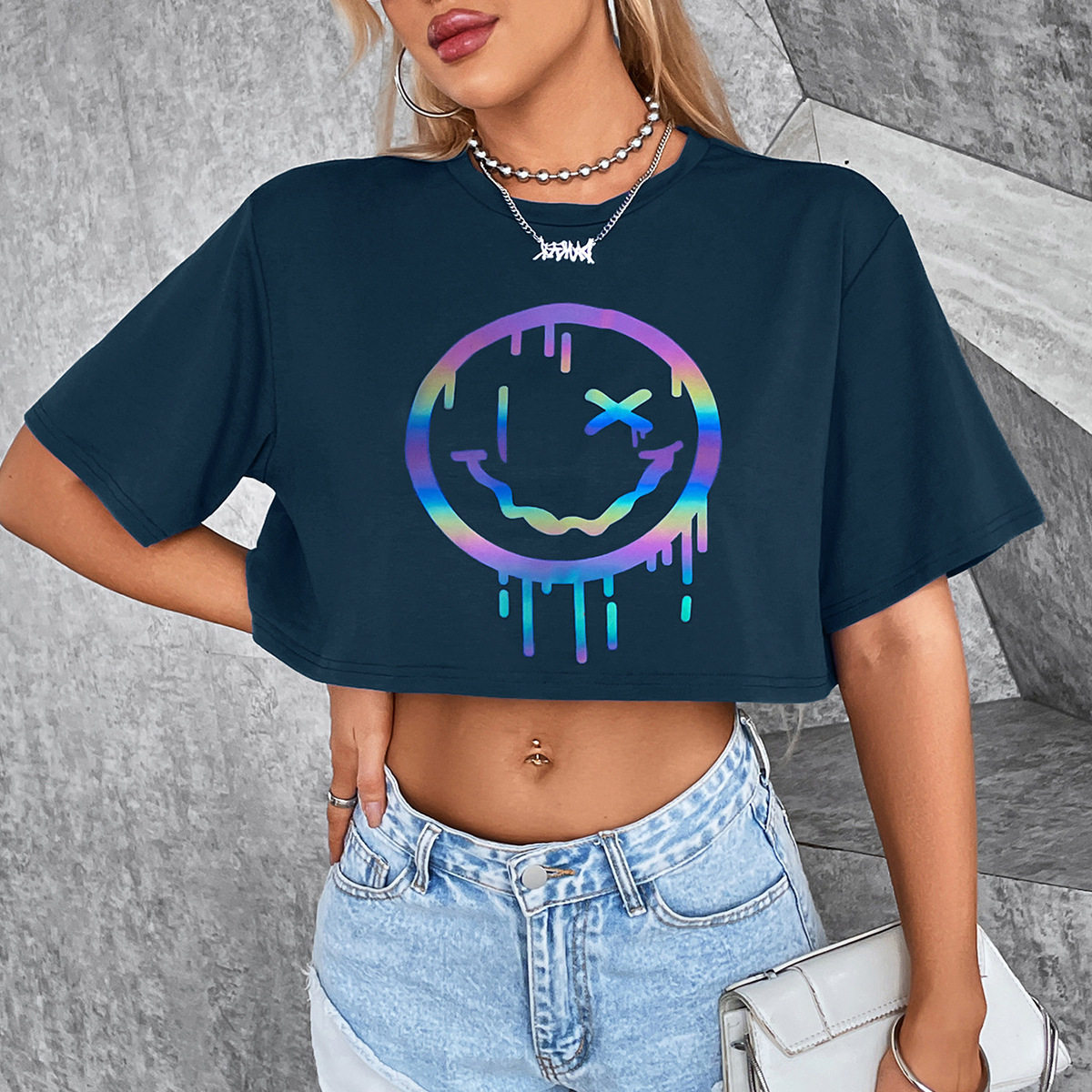 Reflective Short Sleeve T Shirt Trendy Smile Print Versatile Spring Summer Style Wholesale Available