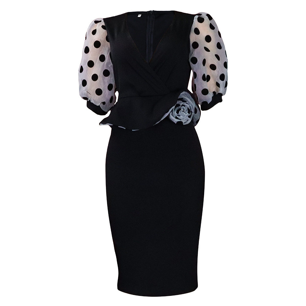 Womens Pencil Dress Spring Summer Collection Mesh Puff Sleeve Color Block Design Elegant Style Wholesale Available