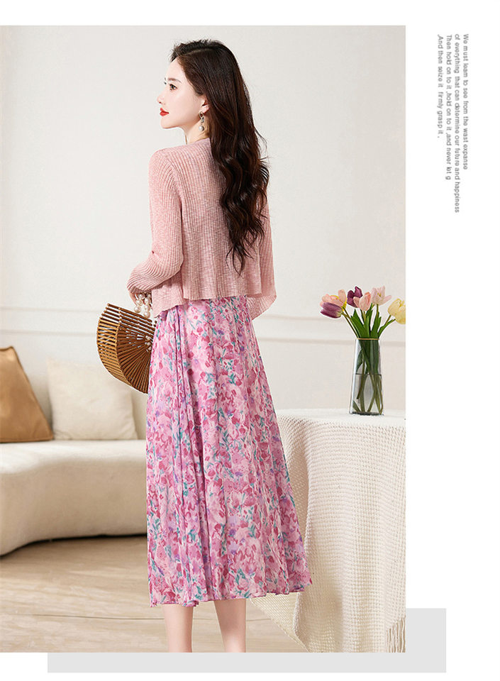 Set Áo Khoác Cardigan Dệt Kim Và Đầm Hai Dây Xòe Họa Tiết Hoa Phong Cách Thanh Lịch Màu Hồng, Xanh chi tiết 15
