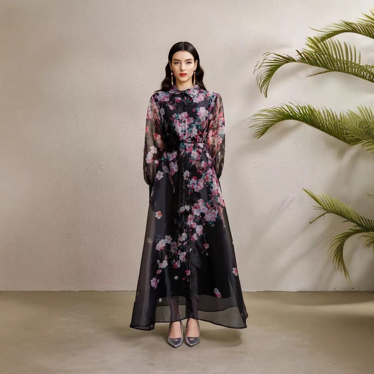 French Court Style Dress Elegant Floral Print Lantern Sleeves Waist Tie Sheer Fabric Perfect for Formal Events