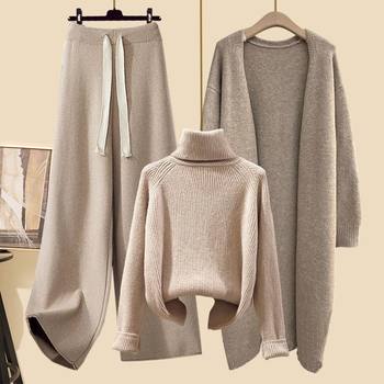 Autumn Suit for Women 2024 New Mid-Length Cardigan Jacket with Turtleneck Sweater Slimming Look Wide-Leg Pants Three-Piece Set