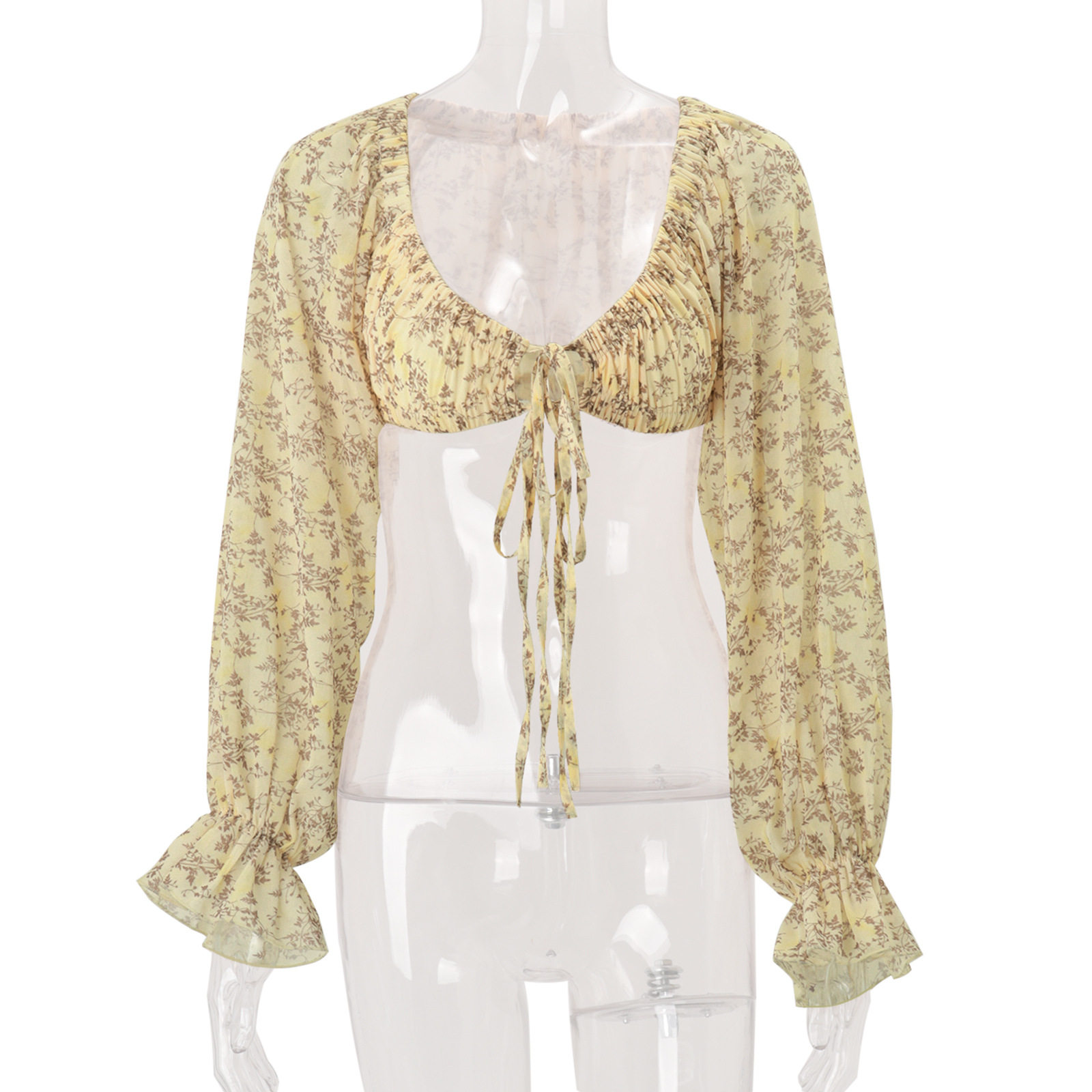 Womens Floral Print Long Sleeve Crop Top French Style Bell Sleeves Trendy Design Autumn Fashion Wholesale Available