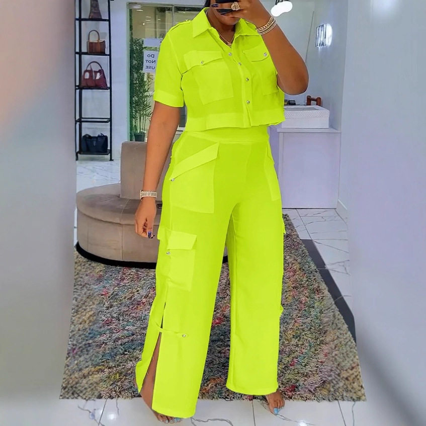 Summer Womens Casual Set High Neck Top Multi Pocket Design Color Block Pants Perfect for Everyday Wear Wholesale