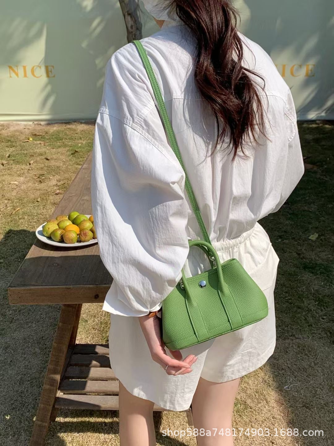 グリーン + ロングショルダーストラップ、第一層牛革