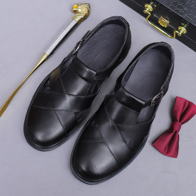 Sandal da bò nam bít mũi khóa cài thoáng khí đi làm — Màu đen, Màu cà phê