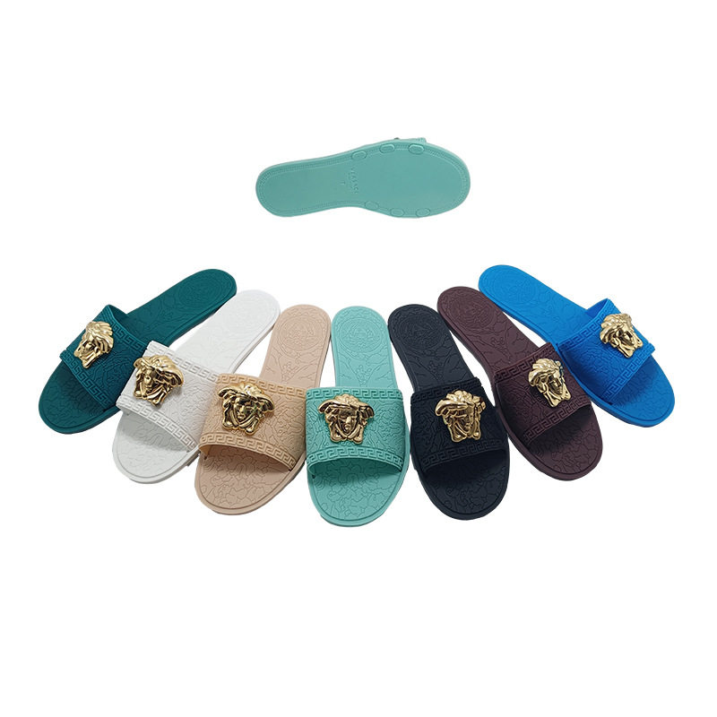 Flat slippers for women ins popular 2023 Summer new European and American fashion slipper outer wear metal beauty head printing