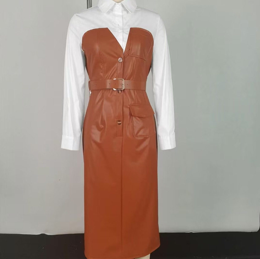 亚马逊跨境欧美新款气质通勤pu皮腰带拼接撞色女装衬衣长袖连衣裙
