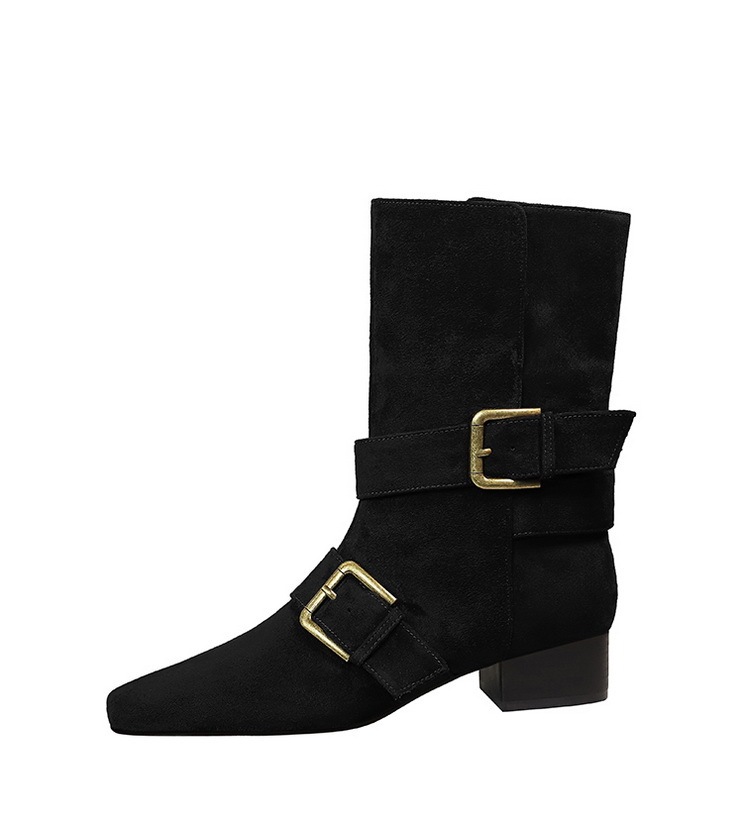 Boot nữ cổ trung mũi vuông khóa thắt lưng gót vừa phong cách retro — màu đen, nâu đậm, quả mơ