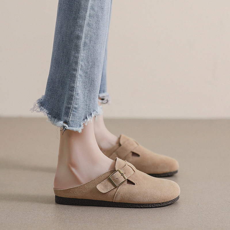 Genuine Leather Baotou Birkenstock Shoes for Women's Outer Wear 2024 New Spring & Fall Retro Slip-On Flats-Soled Lazy Birkenstock Half Slippers