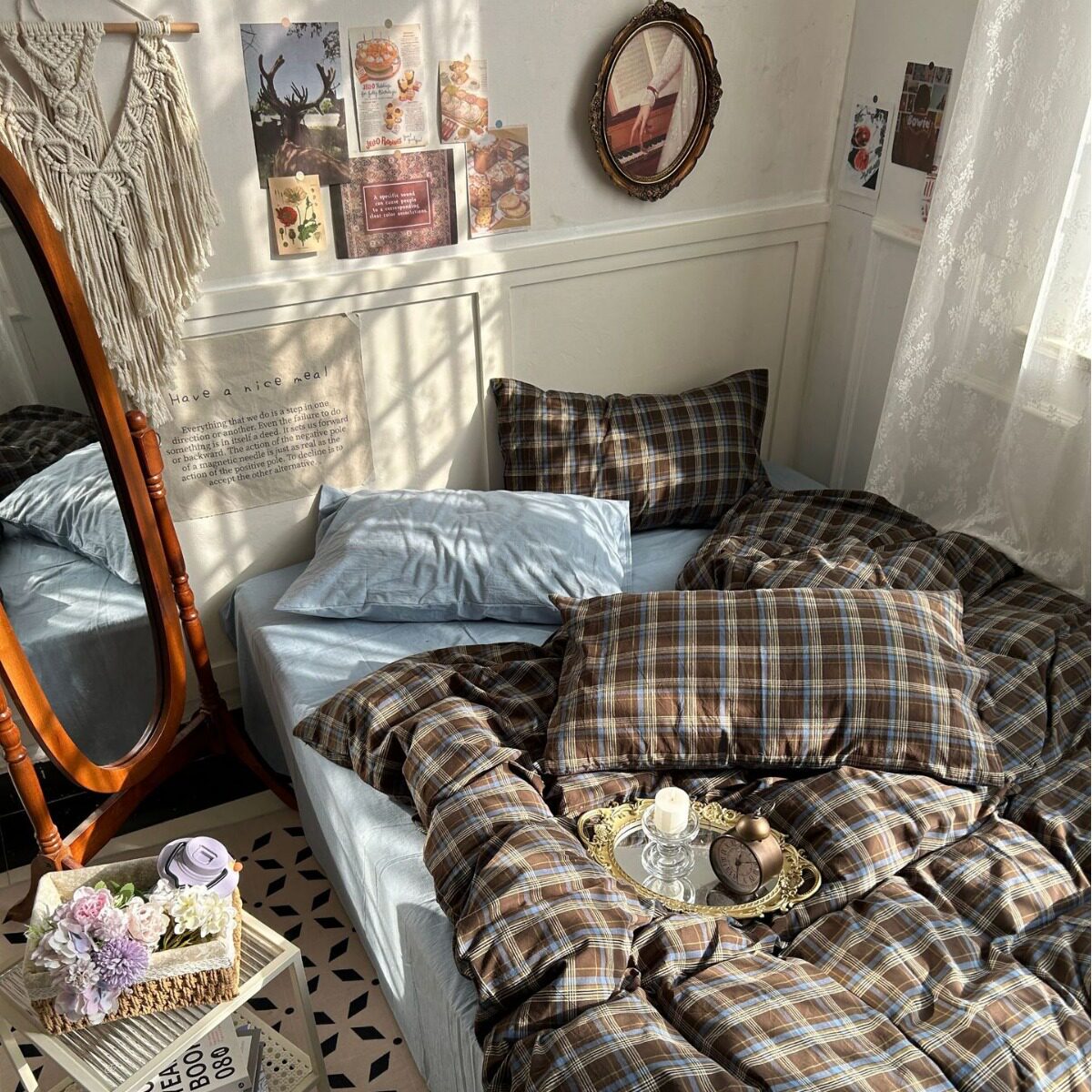 Ins Blogger with Maillard Mix Plaid Cotton Four-piece Set Retro Artistic Striped Yarn-dyed Washed Cotton