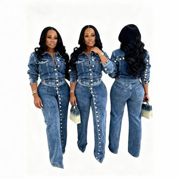 Tk6348 European and American Fashion Women's Sexy High-Elastic Buttoned Washed Denim Casual Suit Two-Piece Set