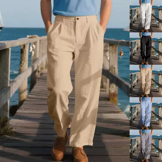 Cross-Border European and American Temu Spring and Autum Linen Men's Casual Pants Gorg Loose Straight Business Suit Pants for Men