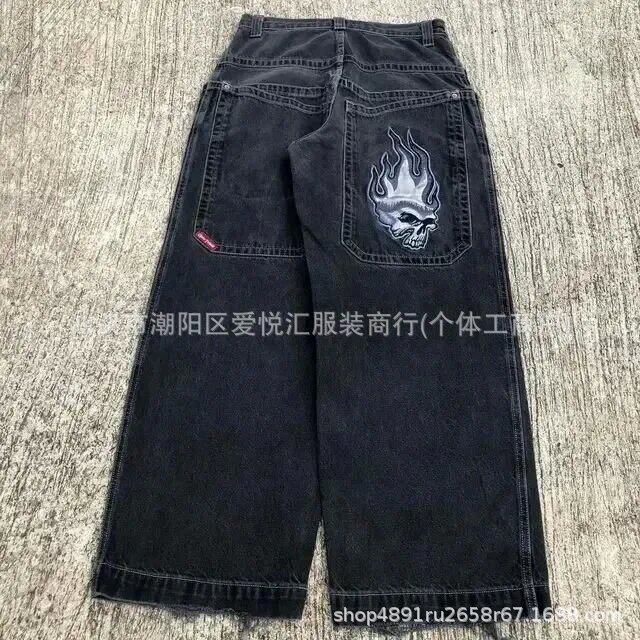2024春秋季新款跨境美式潮牌复古水洗Y2K刺绣嘻哈图案男式牛仔裤