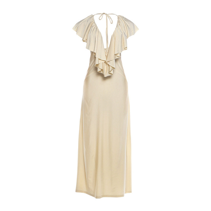 Womens Autumn Dress Ruffled Hem Sexy V Neck Backless Fitted Bodycon Elegant Evening Wear OEM Available