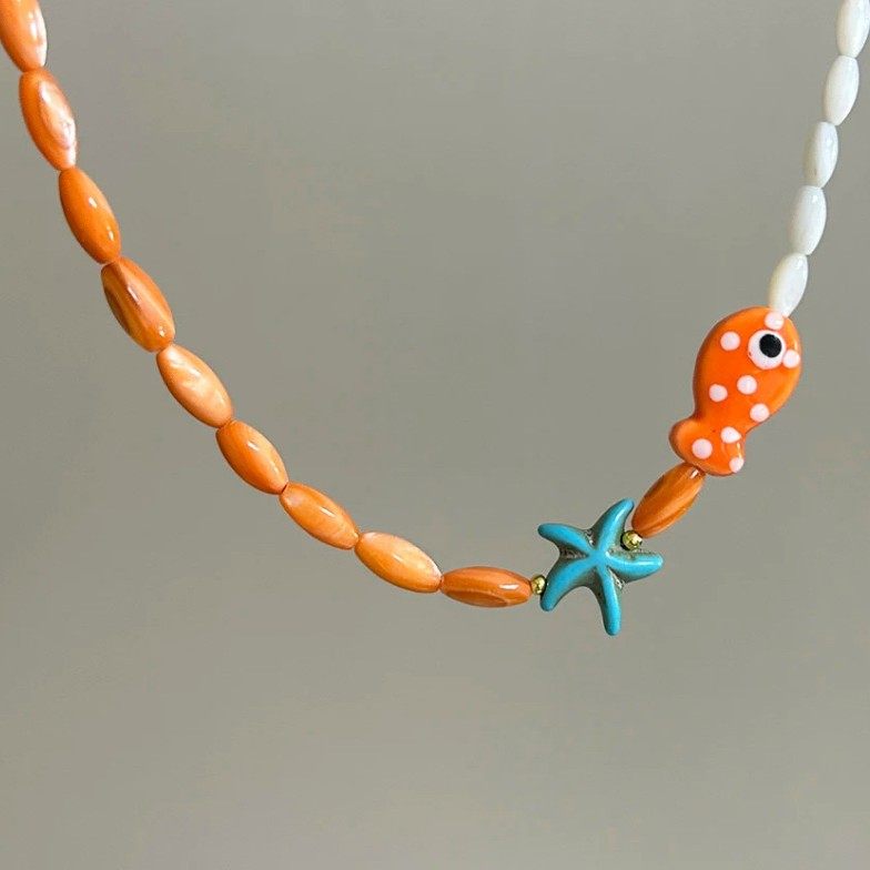 Cross-border Orange Cute Ceramic Wave Dot Clown Fish Clavicle Chain Hand-painted Beaded Bohemian Starfish Necklace