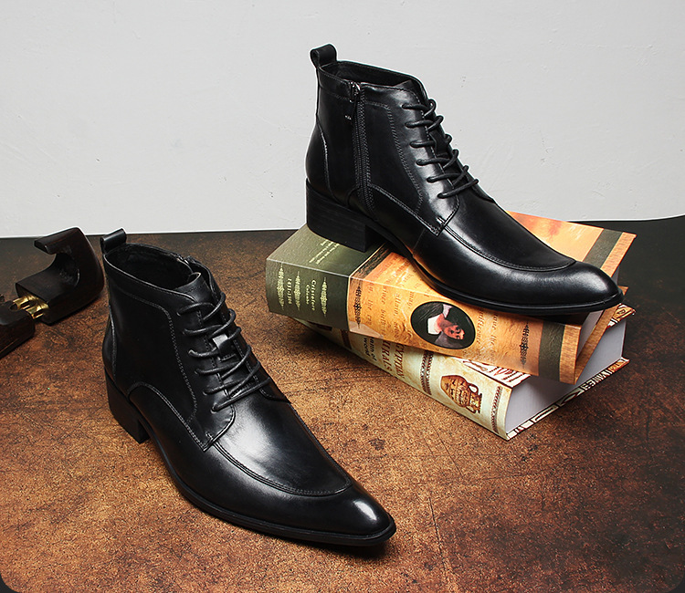Bốt nam da bò mũi nhọn tăng chiều cao dự tiệc — Màu đen