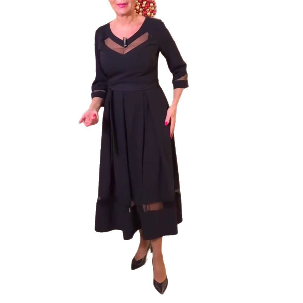 Elegant Long Sleeve V Neck Dress Sheer Mesh Panel Waist Defined Solid Color Perfect for Parties and Events