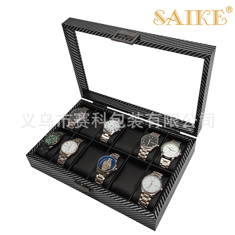 in stock Wholesale Carbon Fiber Grain Wooden 12-Bit Watch Storage Collection Display Box 12 Pack Wooden Watch Box