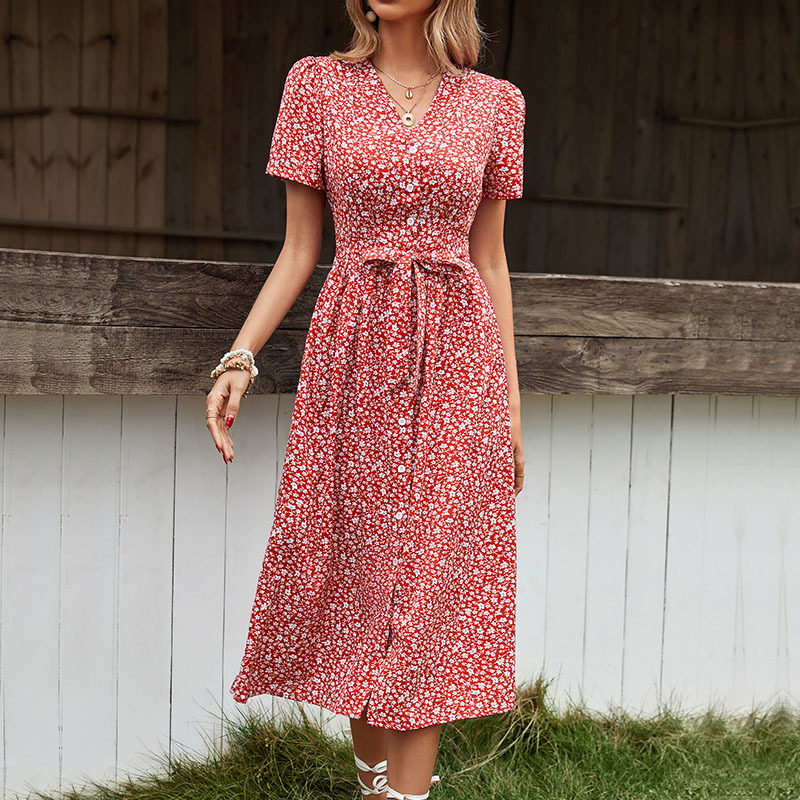 Vintage Floral Split Maxi Dress Sweet V Neck Summer Style Comfortable Fit Wholesale Available
