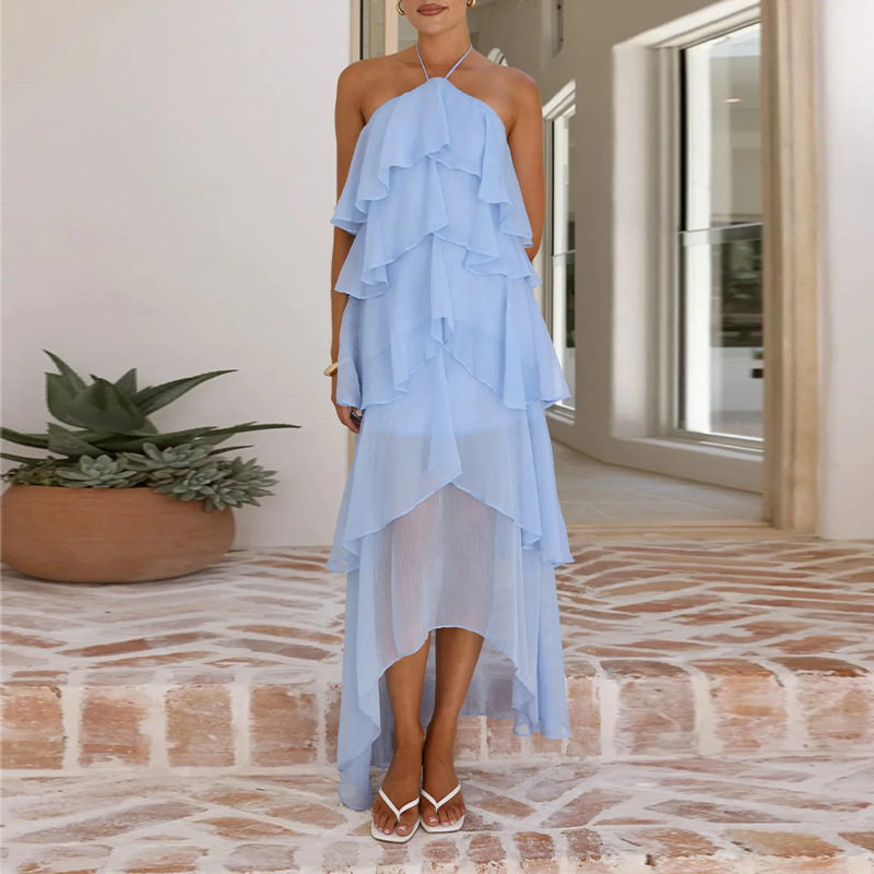 Elegant Summer Maxi Dress for Women Halter Neck Ruffle Hem Solid Color Vacation Style Wholesale Available