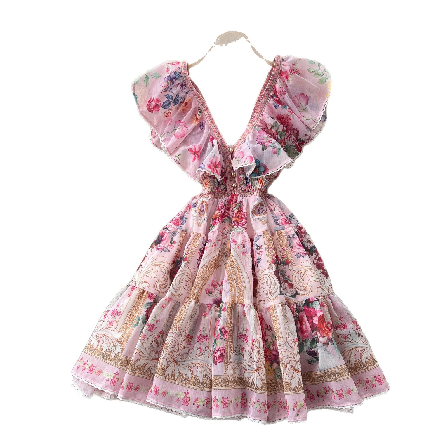 Floral Print A Line Dress V Neck Ruffled Sleeves Slim Fit Summer Vacation Style Wholesale Available