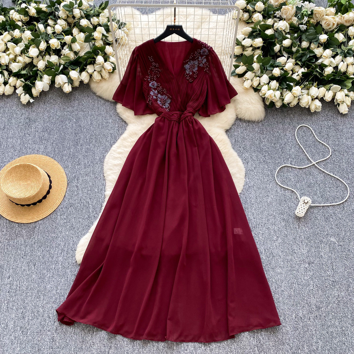 Vintage French Style V Neck Dress Elegant Pleated Design with Beading Summer Long Dress for Sophisticated Women