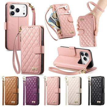 Suitable for iPhone 17 Pro Diamond-Pattern Wallet Zipper Leather Case Samsung S26 Card Slot Protective Case Google 10 Trendy